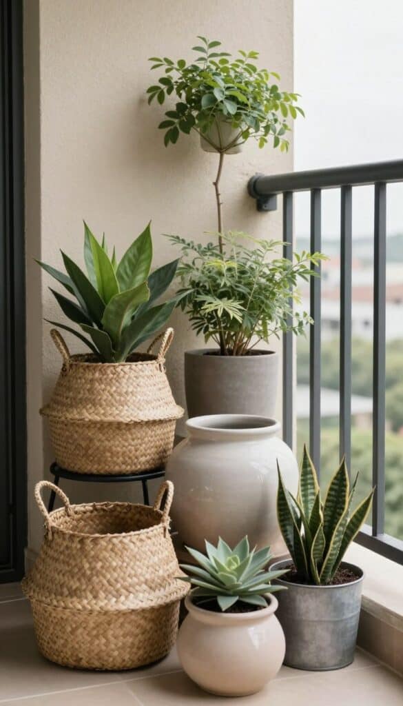 Balcony styled with a mix of ceramic, woven baskets, and metal containers for added texture in gardening