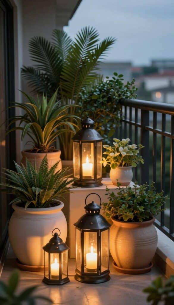 Balcony styled with containers and lanterns creating a cozy secret garden atmosphere with warm lighting