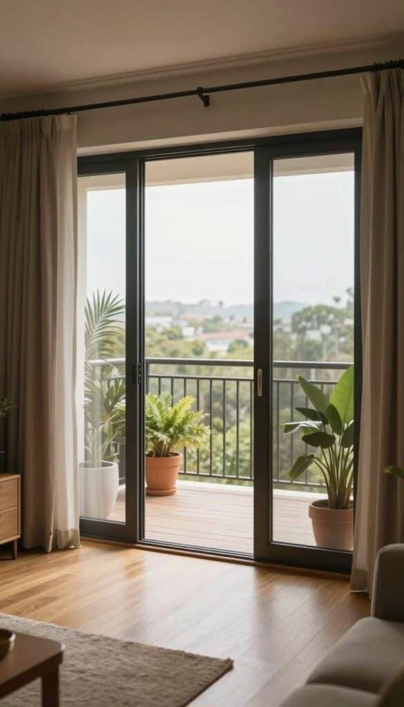 Balcony view through open doors showing seamless flow between indoor and outdoor spaces with coordinated design