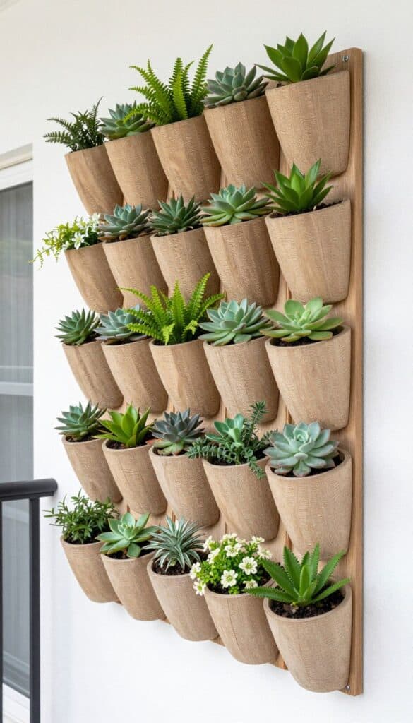 Balcony wall covered with vertical planters creating a lush green feature wall in small spaces