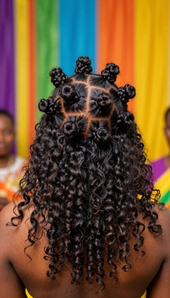 Bantu knot half up hairstyle with coiled knots on top section of Black woman's hair
