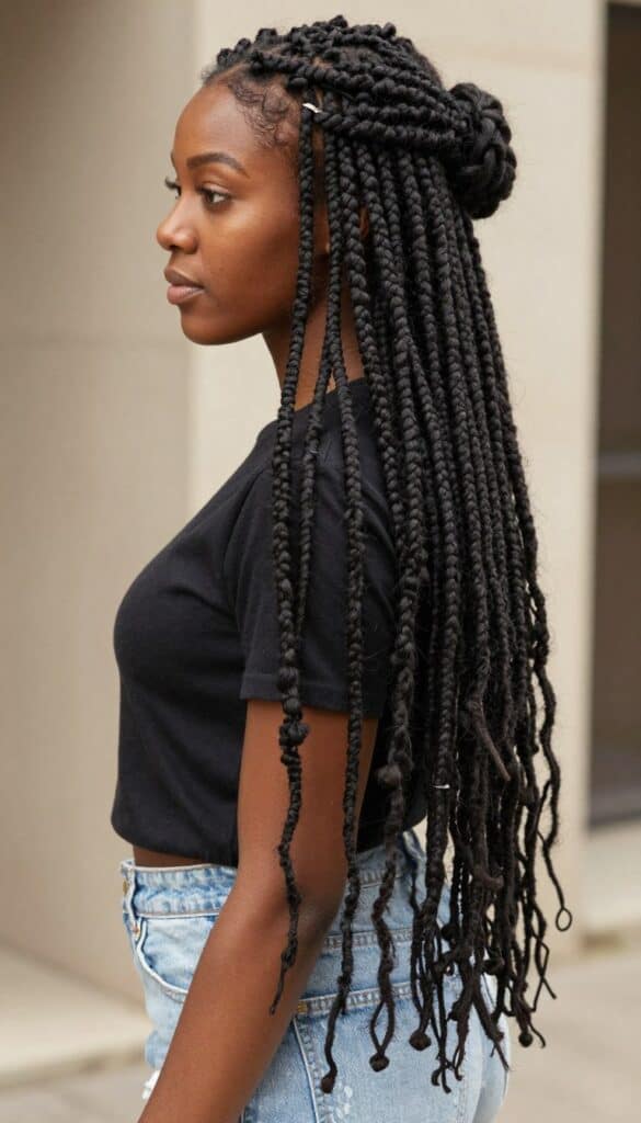 Black woman with long locs styled in half up half down hairstyle