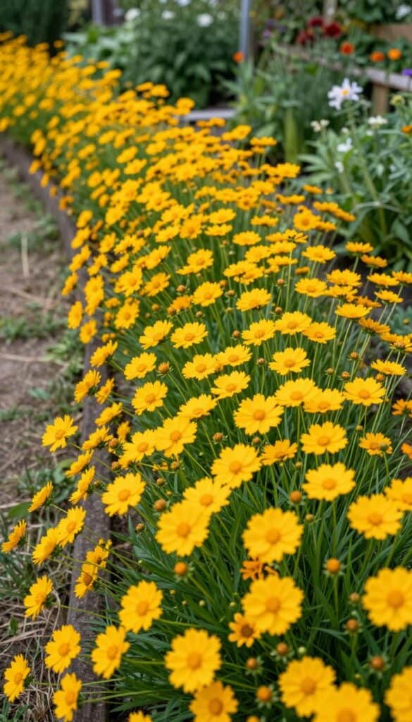 Bright yellow coreopsis flowers blooming abundantly throughout summer cottage garden
