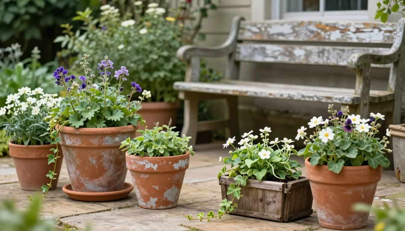 Charming cottage garden featuring mixed pots and planters overflowing with colorful flowers and herbs
