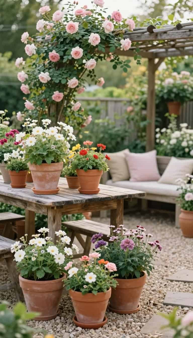 Charming cottage garden patio with layered plants, vintage furniture, and soft afternoon lighting creating an inviting outdoor retreat