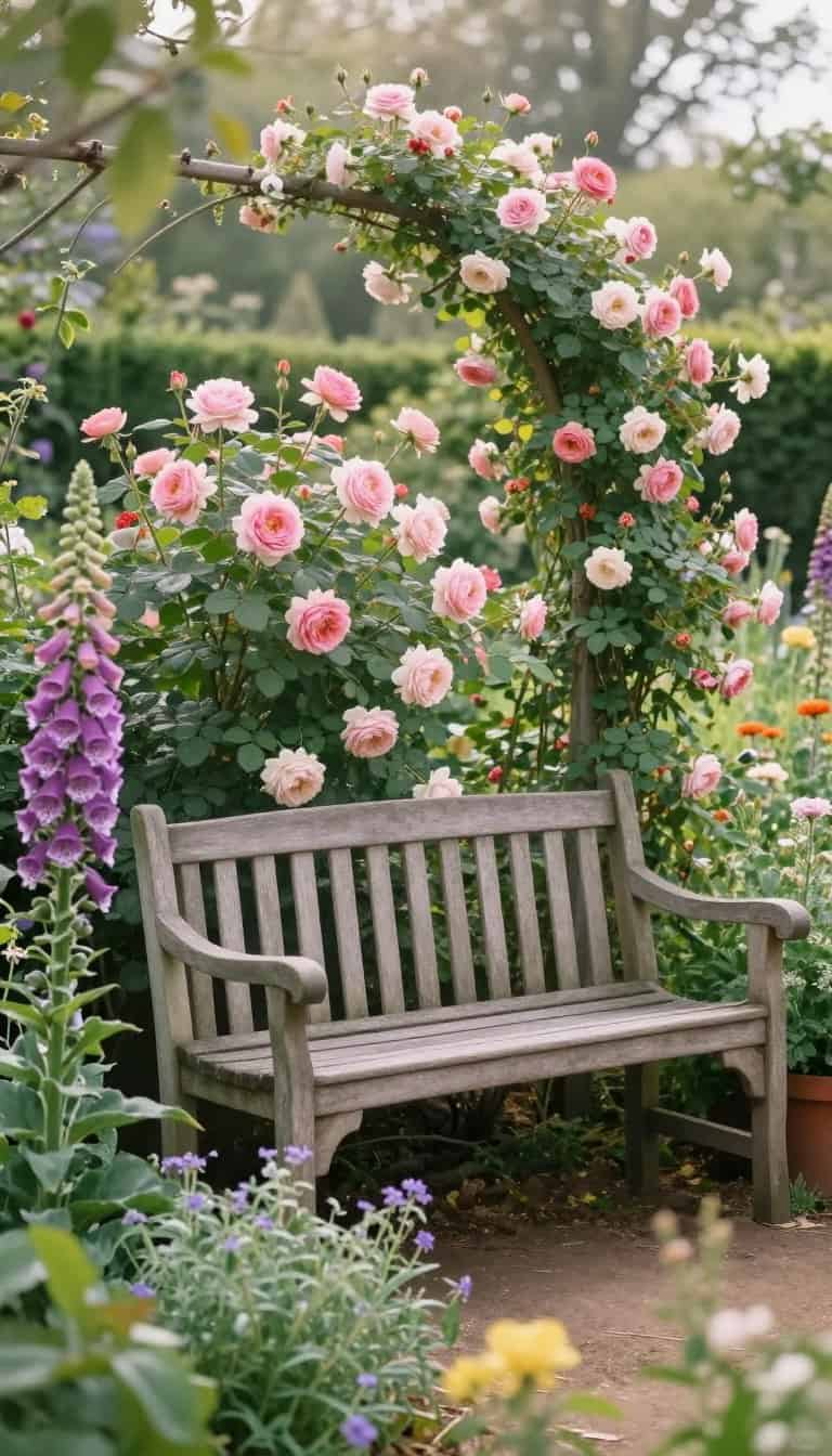 Charming cottage garden with weathered wooden bench surrounded by climbing roses and lush perennials