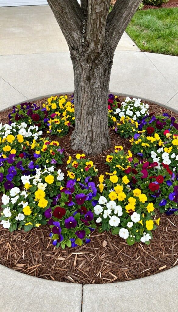 Circular flower bed surrounding a tree with mulch and colorful flowers