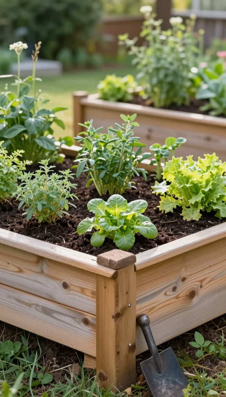 Classic cedar timber raised garden bed with weathered wood finish surrounded by herbs and vegetables in a backyard setting