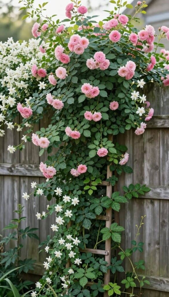 Climbing roses growing naturally across a cottage garden patio wall