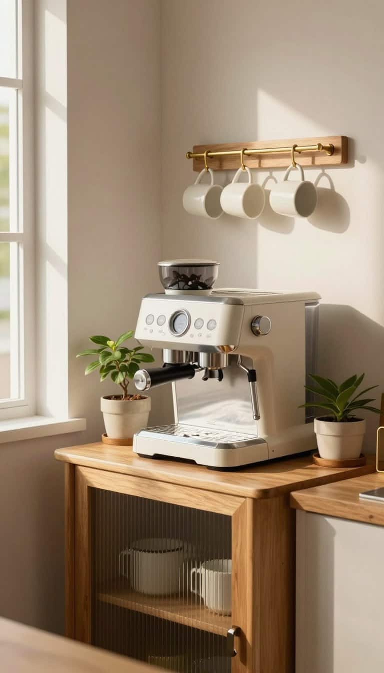 Coffee bar ideas for small spaces featuring minimalist setup in compact kitchen corner