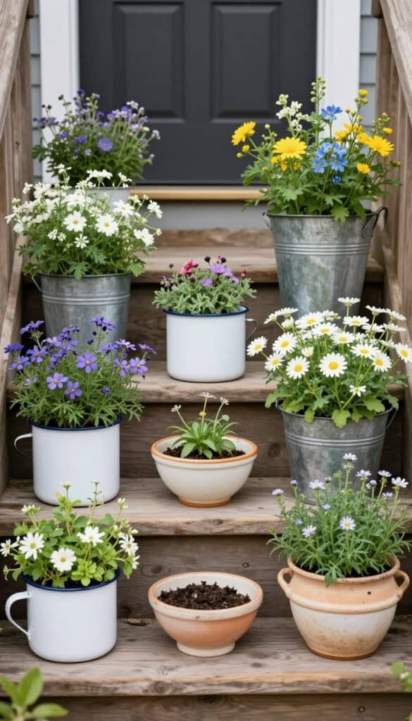 Collection of mismatched vintage planters including enamel pots and old buckets with cottage garden plants