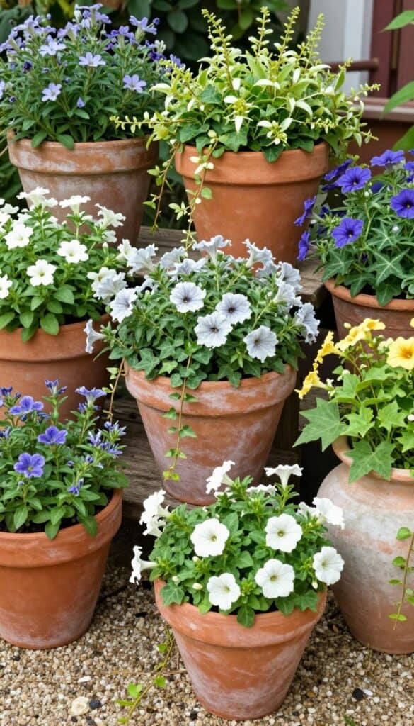 Layered cottage garden pots with trailing plants and soft flowers spilling over edges