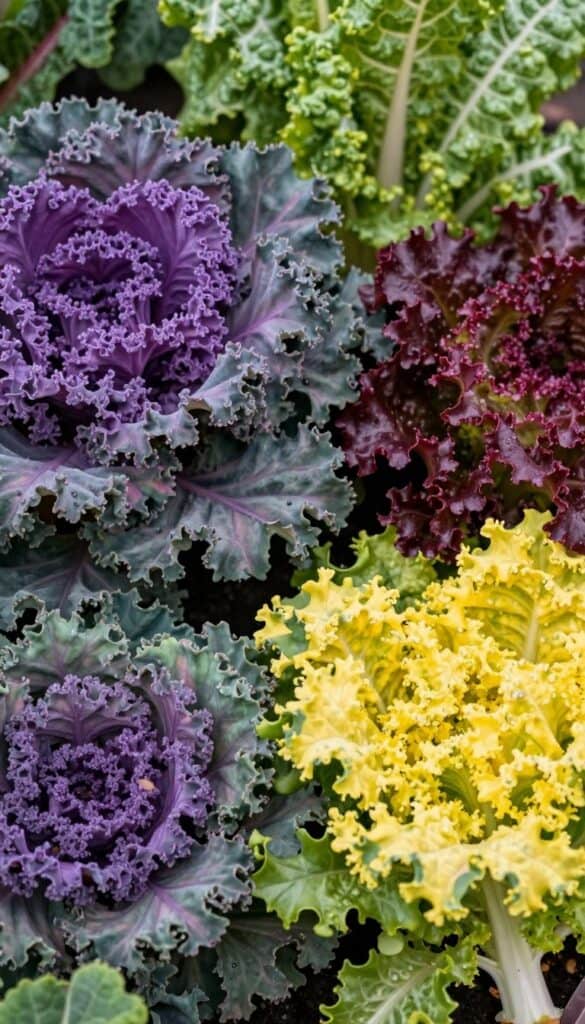 Colorful ornamental edibles including purple kale, rainbow chard, and decorative lettuce varieties in a cottage garden