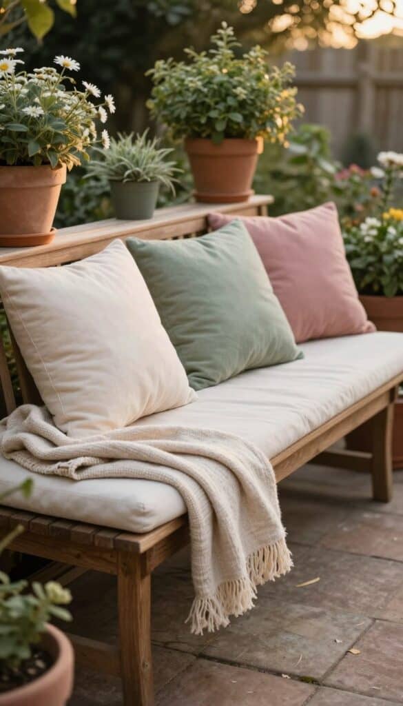 Cosy cottage patio seating with soft cushions and layered textures