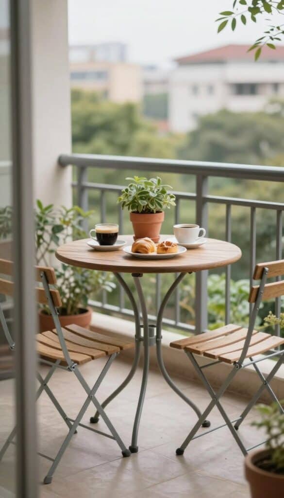 Compact balcony dining setup with round table and lightweight chairs creating an intimate outdoor eating area