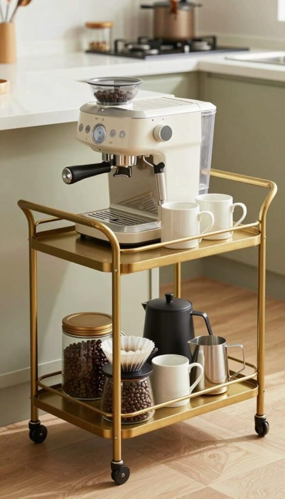 Compact rolling coffee cart in small kitchen