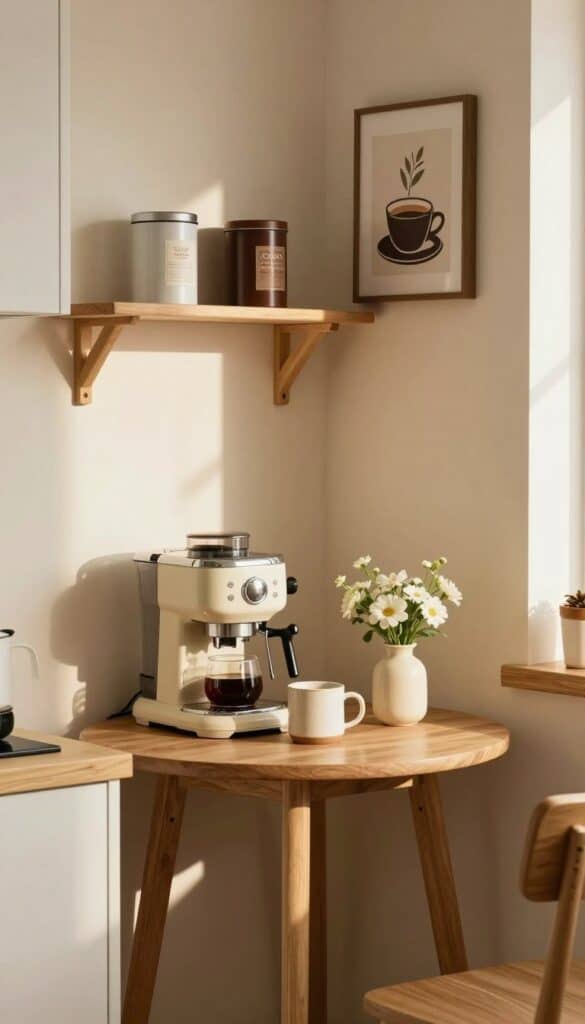 Corner coffee nook setup in small kitchen