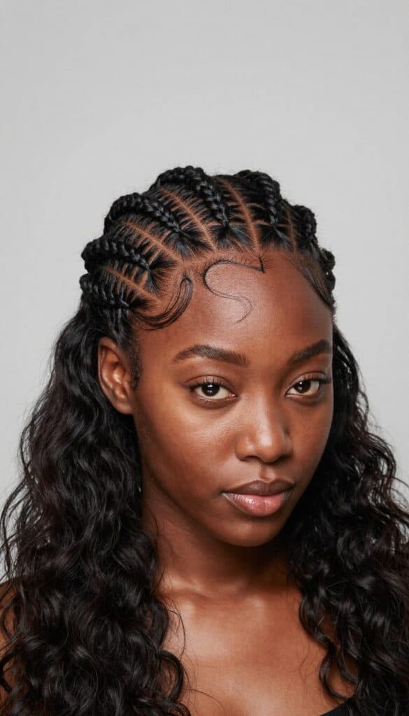 Cornrow half up hairstyle with intricate curved design on Black woman