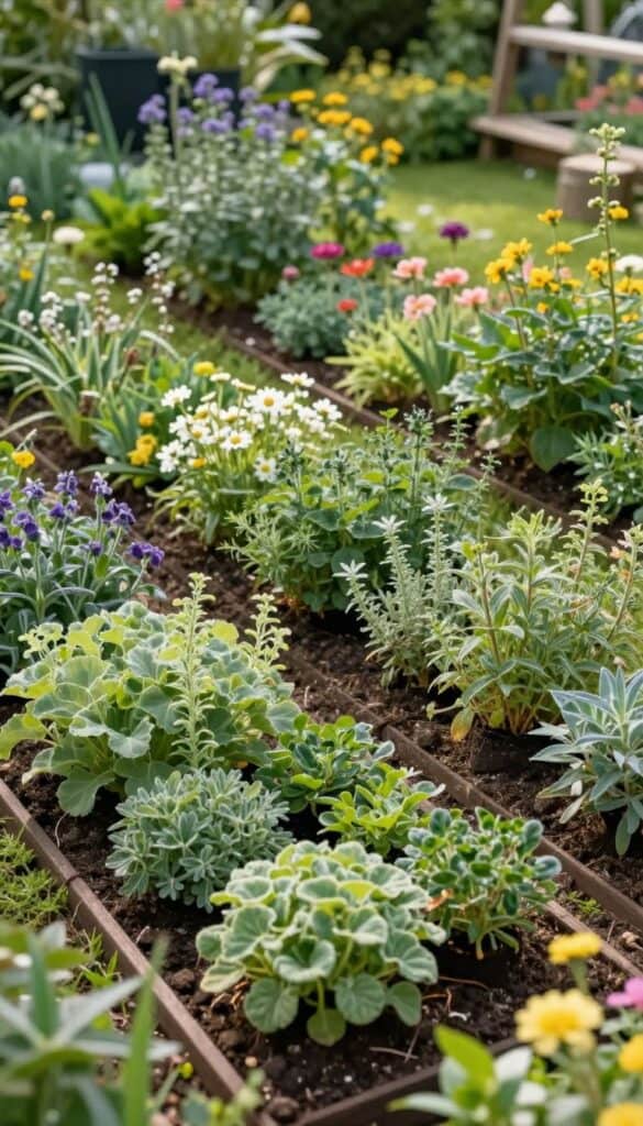 Cottage garden bed with loose clusters of plants growing in natural flowing shapes instead of rigid rows