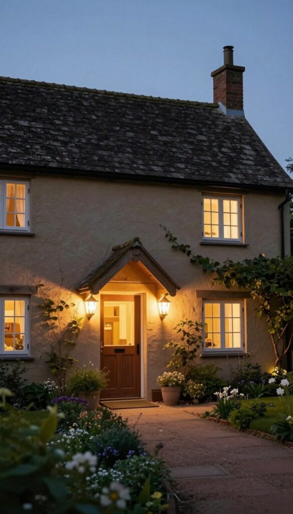 Cottage house with warm outdoor lighting