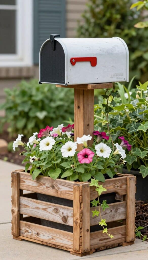Cottage garden mailbox with weathered wooden crate planter filled with flowers around mailbox