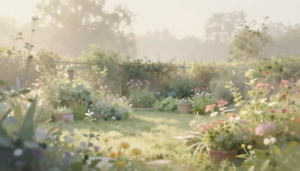 Cottage garden scene in early morning light with soft muted colors and gentle glow