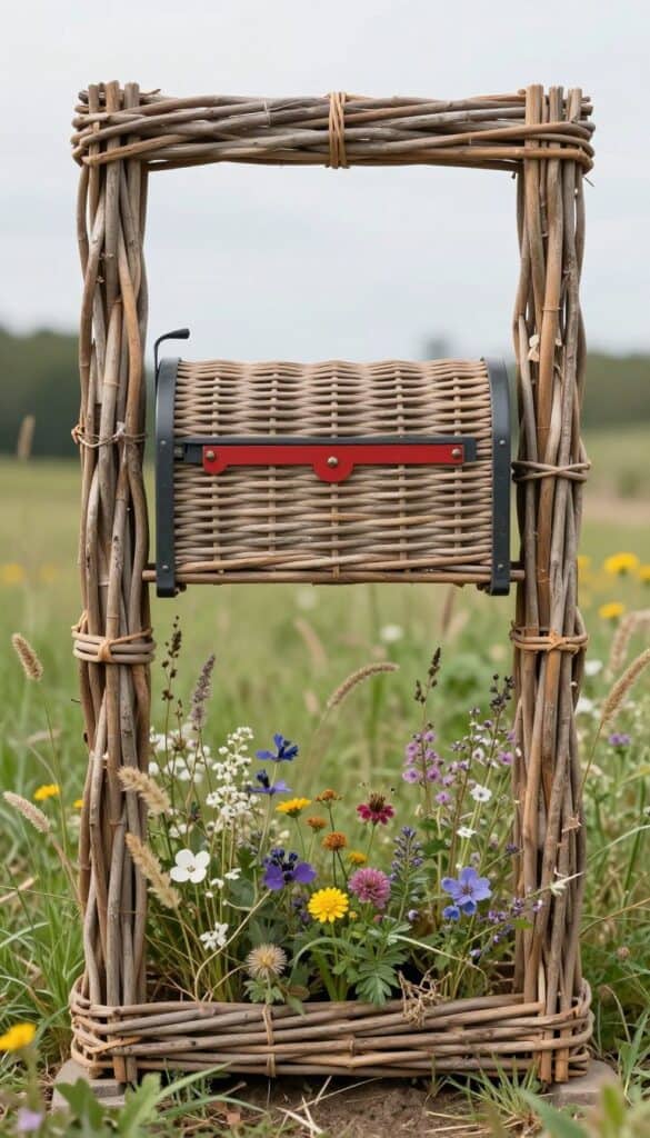 Cottage mailbox with woven willow border and natural rustic frame