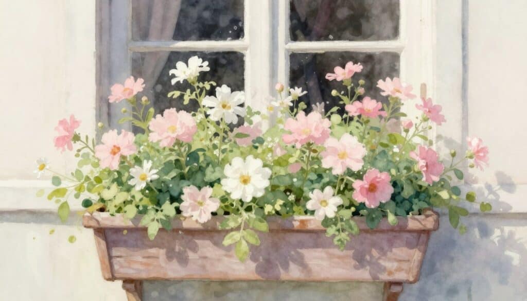 Cottage window box overflowing with soft pink and white flowers in gentle painting style