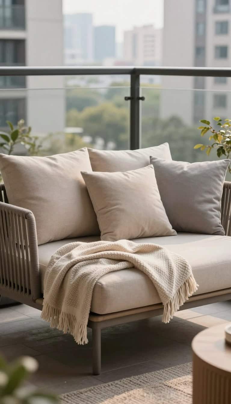 Cozy balcony lounge area with soft cushioned seating and neutral throw blankets creating an inviting outdoor living space