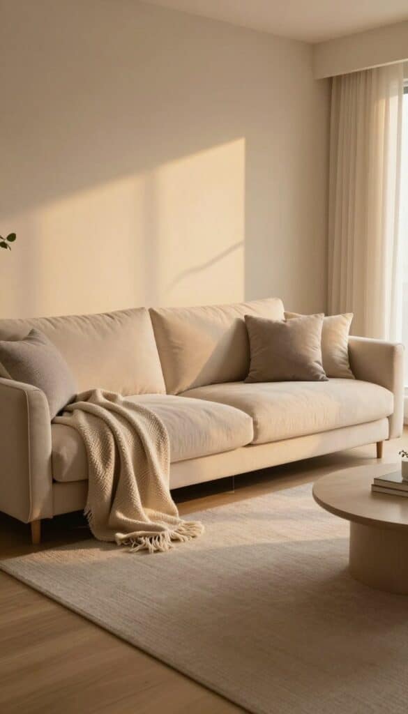 Cozy clean living room with soft lighting, layered textures, and warm neutral tones during weekly cleaning ritual