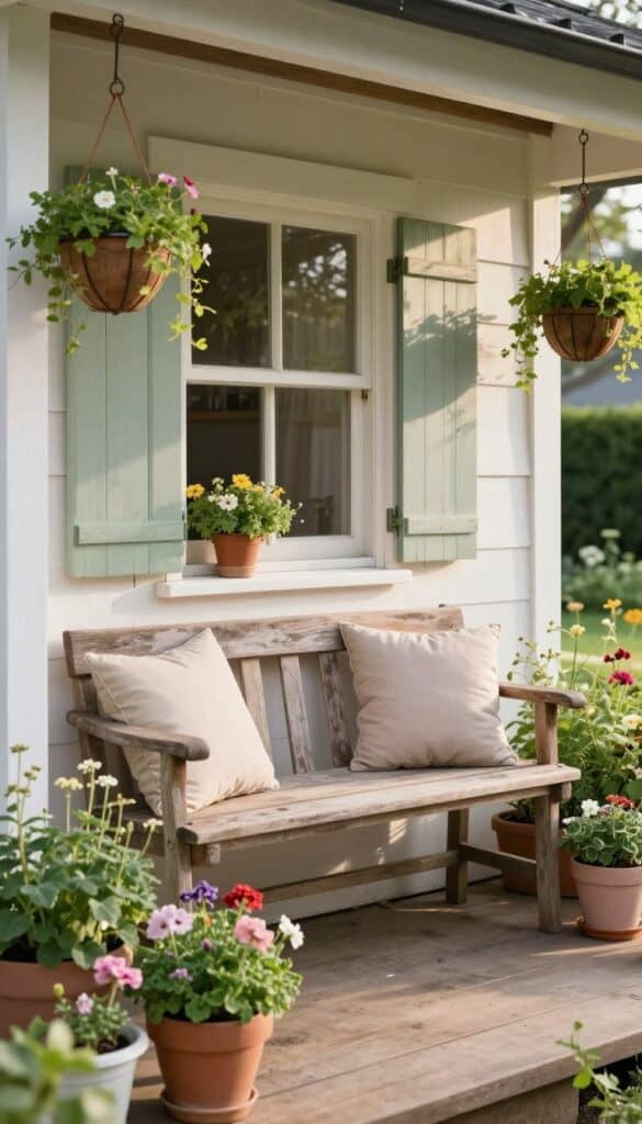 Cozy cottage porch with plants and seating