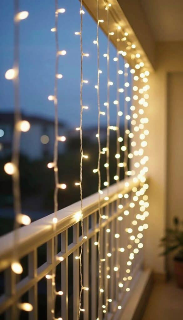 Curtain fairy lights on balcony