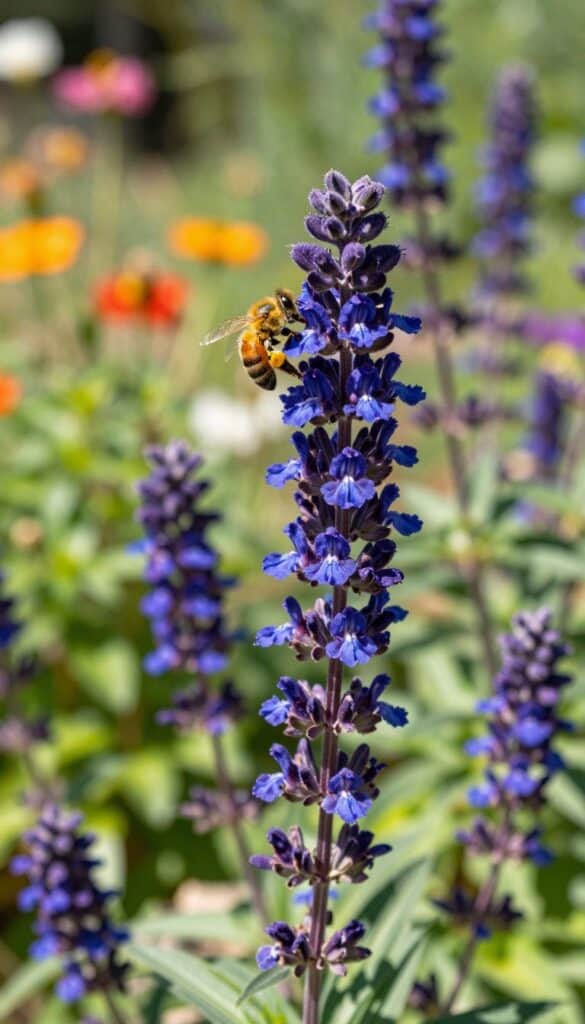 Deep purple salvia flower spikes with bees collecting nectar in sunny cottage garden