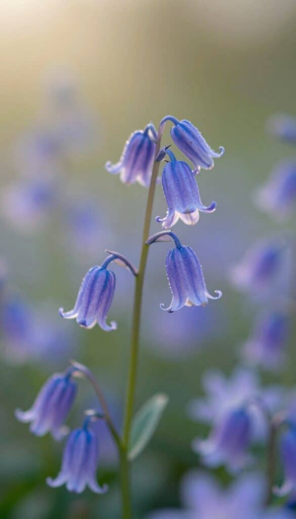 Delicate blue bell-shaped campanula flowers nodding in cottage garden breeze