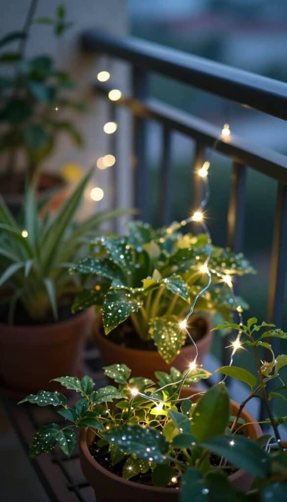 Fairy lights woven through balcony plants