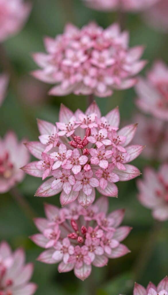 Delicate pink astrantia star-shaped flowers with intricate detail in cottage garden shade