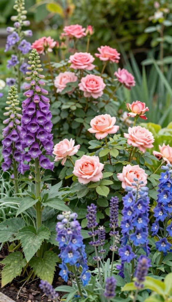Dense mixed planting in English garden with roses, foxgloves, and delphiniums intermingled