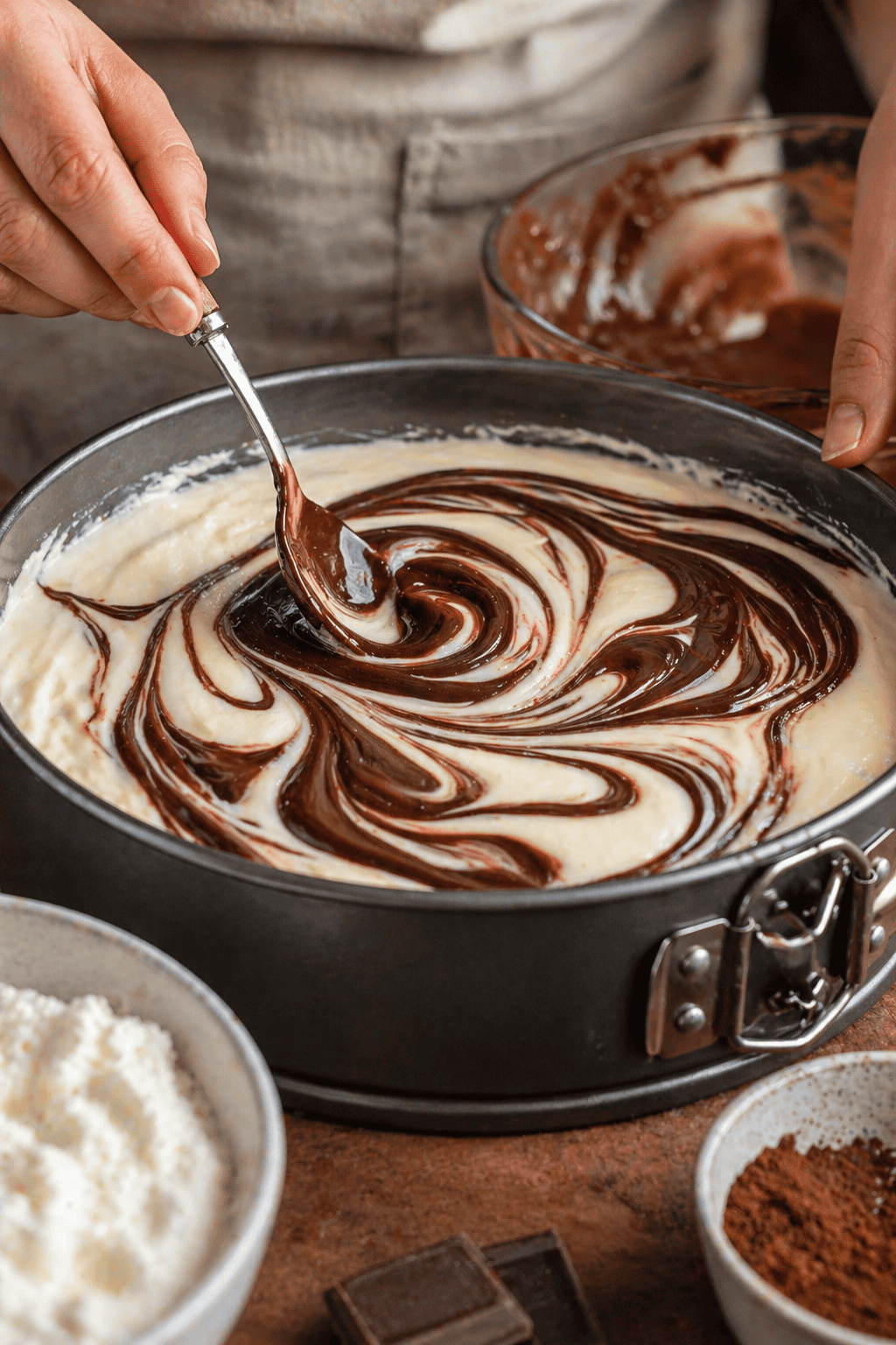 Close up of hands swirling chocolate into cottage cheese cheesecake batter in a springform pan
