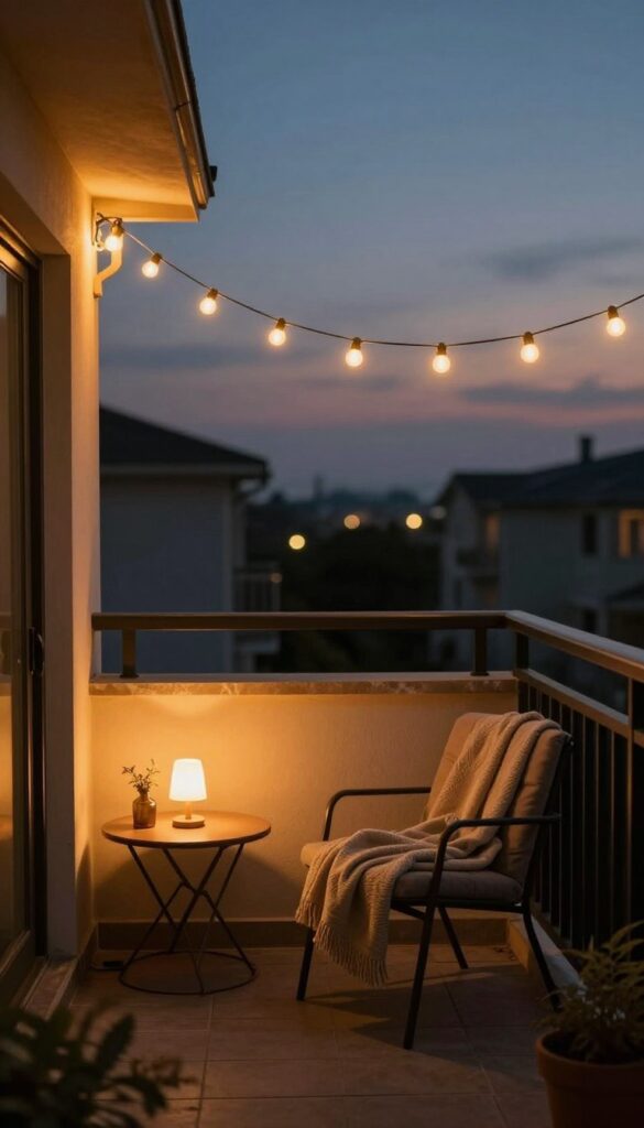 Evening balcony scene with warm string lights creating ambient glow and inviting atmosphere