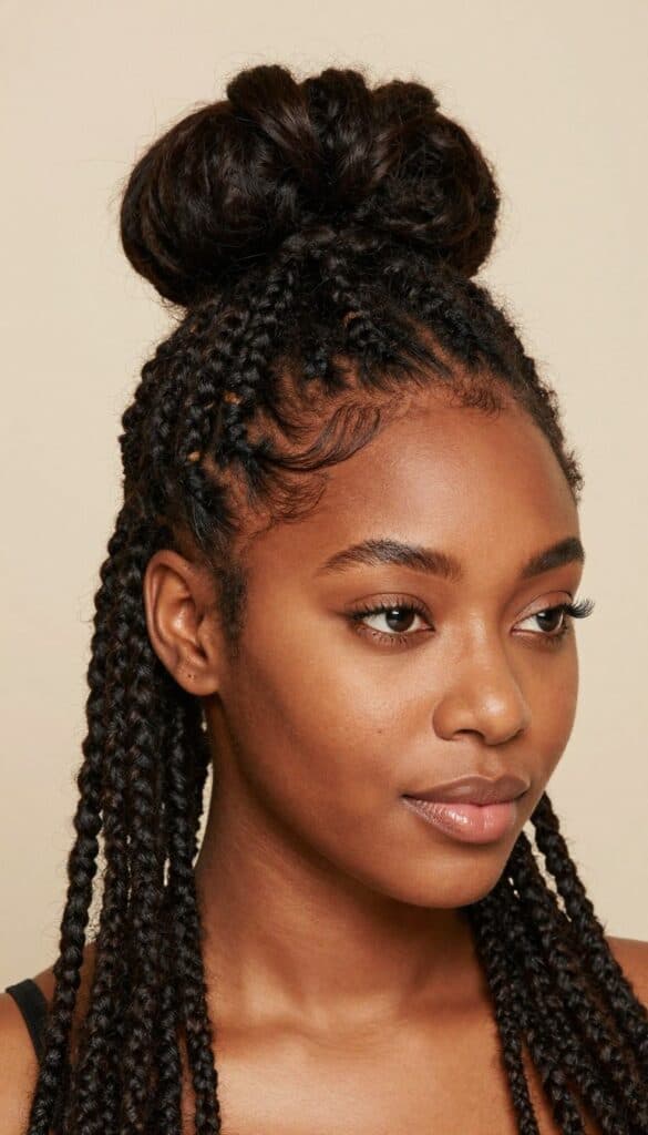 Faux locs half up bun on Black woman showing textured loc style