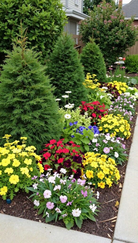 Flower bed combining shrubs and seasonal flowers for a balanced garden design