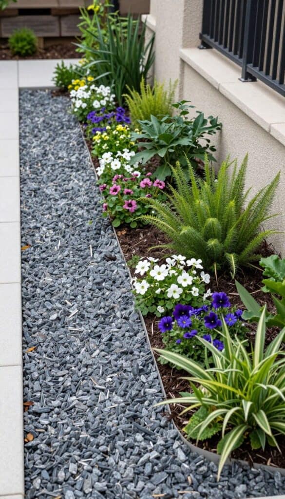 Flower bed with a mix of gravel and plants creating a modern low maintenance look