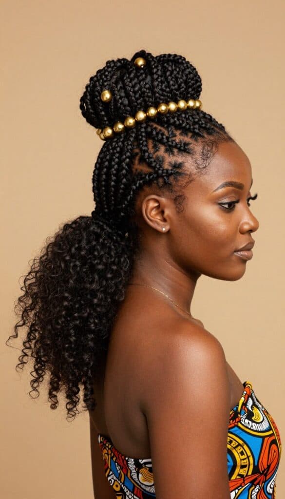Fulani inspired half up braids with decorative beads and side cornrows on Black woman