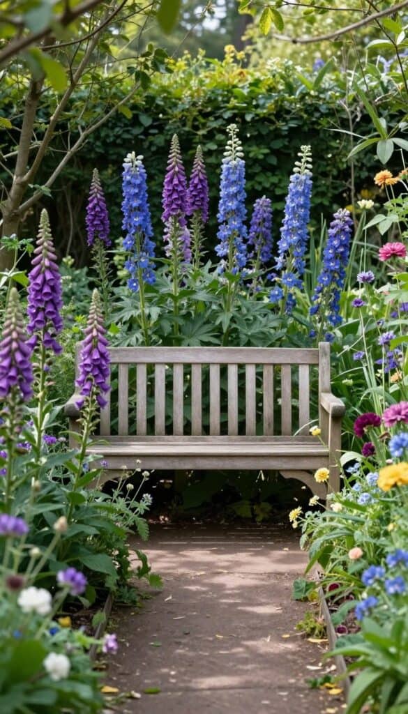 Garden bench partially concealed behind tall flowering foxgloves and delphiniums in cottage garden