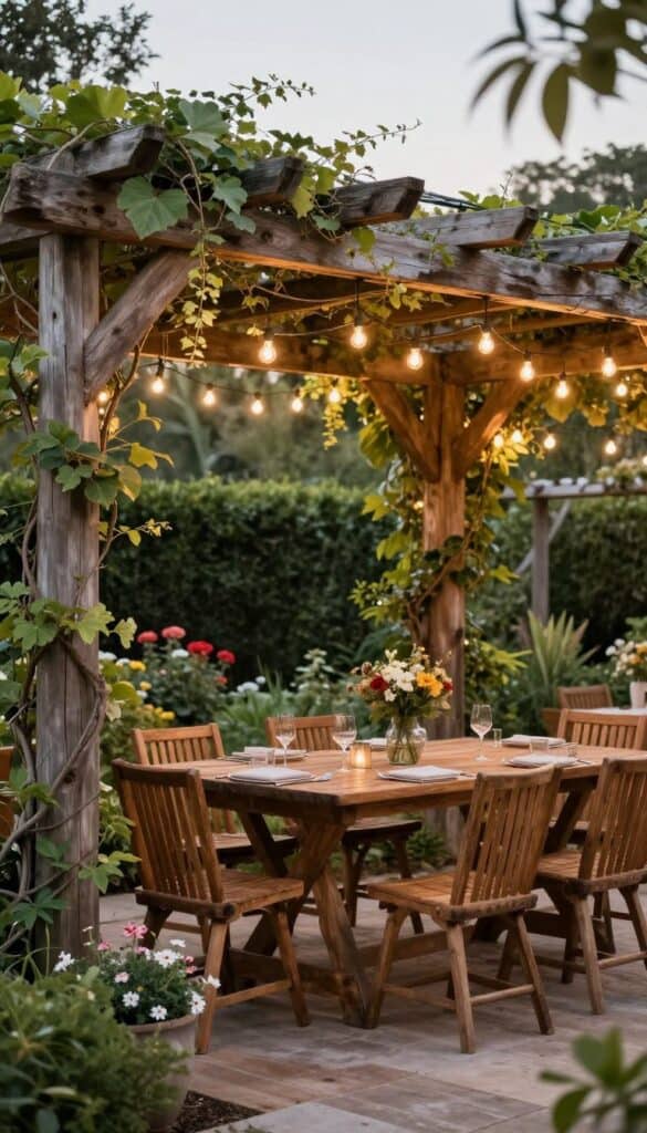 Garden dining table under pergola with climbing plants and warm lighting