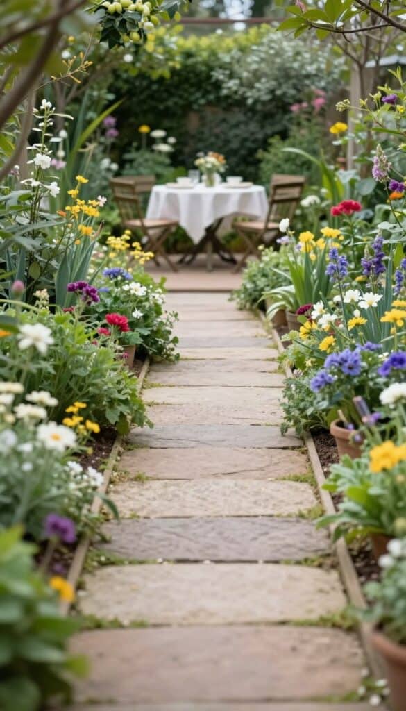 Garden path leading to hidden dining space