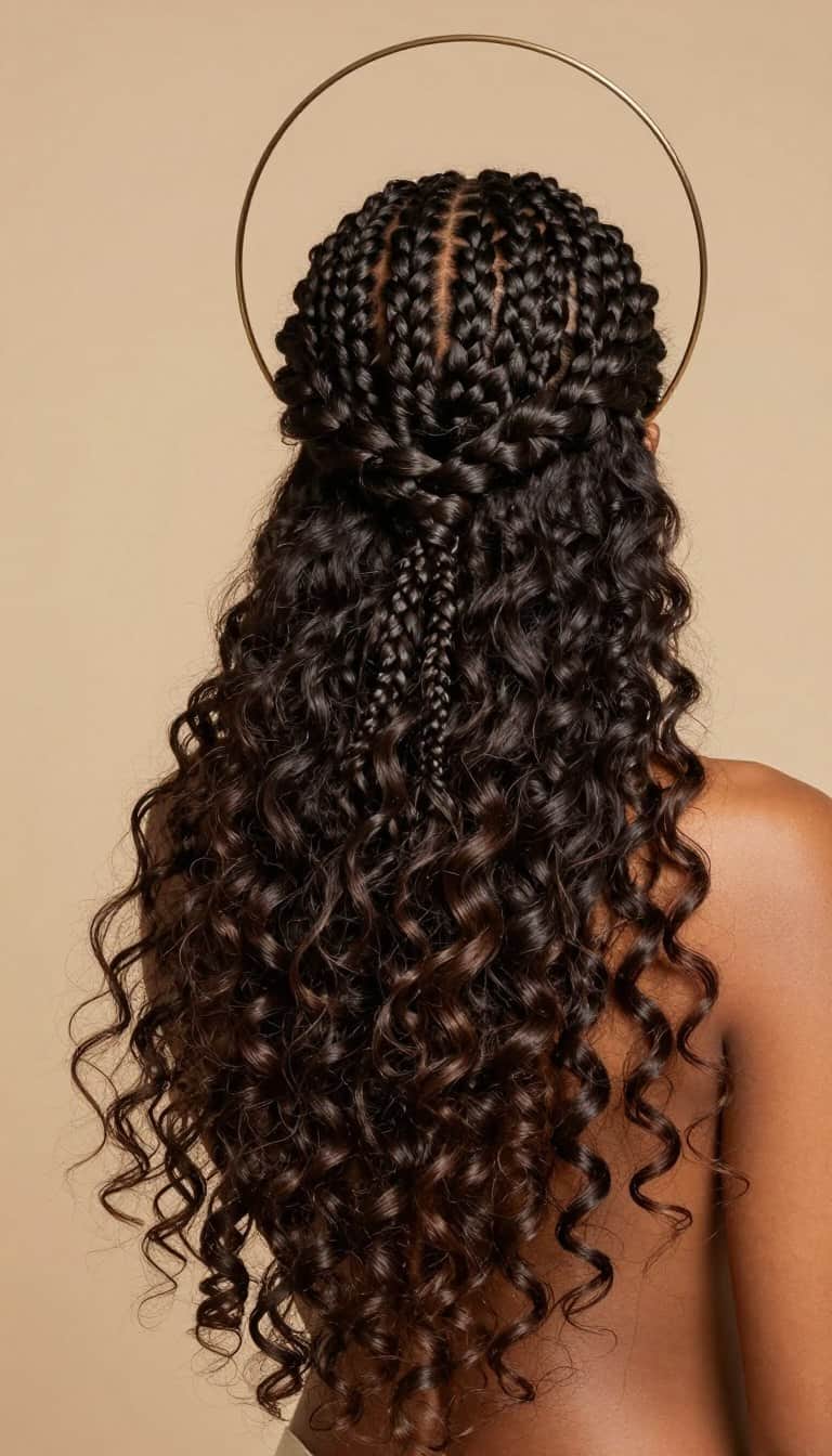 Goddess crown braid half up hairstyle for Black woman with natural curls flowing down