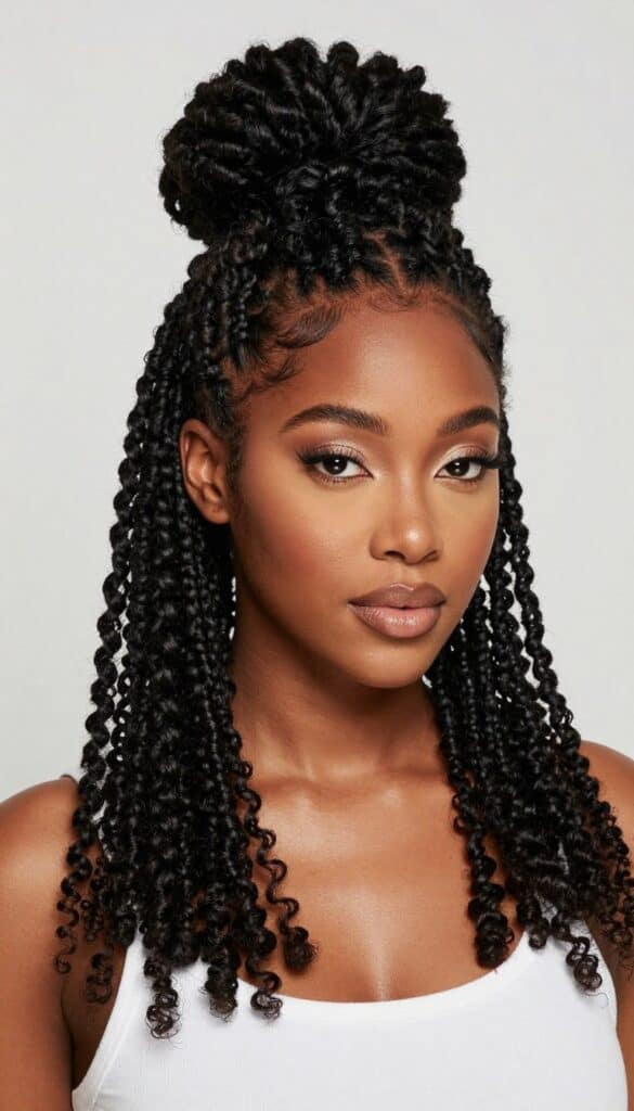 Goddess locs half up style on Black woman with curly ends