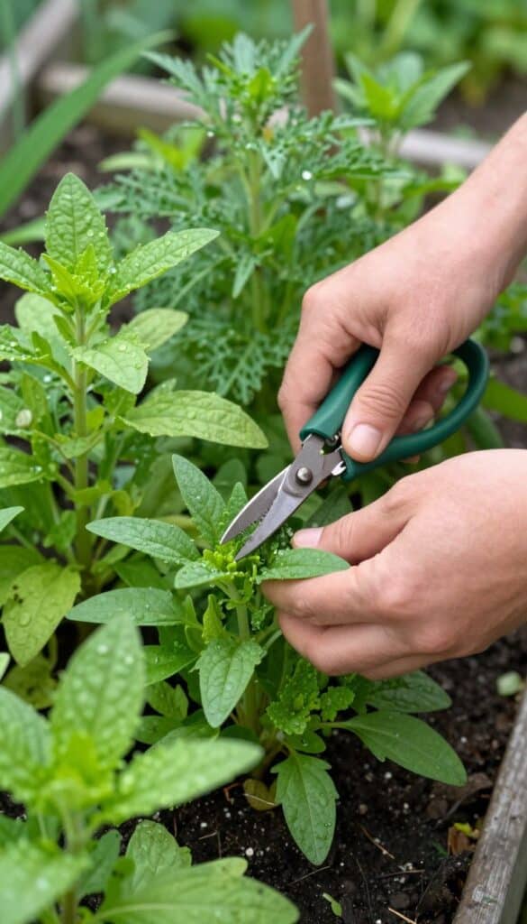 Hands harvesting fresh herbs from a cottage garden showing regular maintenance and continual harvesting
