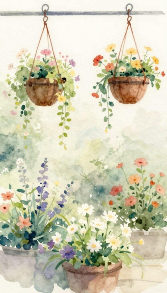 Hanging flower baskets with trailing blooms in soft cottage garden painting style